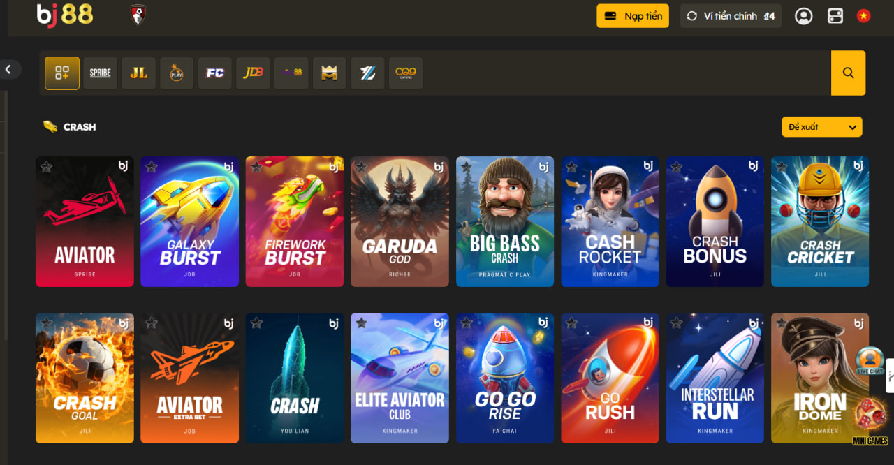 Sảnh Crash Game BJ88 c&oacute; đa dạng tr&ograve; chơi để bạn lựa chọn